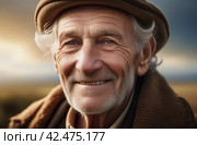 Close-up outdoor portrait of gray haired old man wearing vintage hat, coat. Observant elderly man look at camera. 20th century Stylish retro old-fashioned suit look. Senior nostalgic wrinkled face man. Стоковое AI-изображение, AI-художник Марина Демидюк / Фотобанк Лори