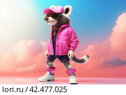 Fashion pink raccoon dancing. Generate Ai. Стоковое AI-изображение, AI-художник Иван Рябоконь / Фотобанк Лори