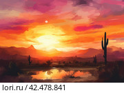 Sunset desert cactuses landscape. Generate Ai. Стоковое AI-изображение, AI-художник Иван Рябоконь / Фотобанк Лори