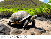 Galápagos tortoise (Chelonoidis elephantopus) in tropical Galapagos island. Giant turtle (tortuga) in animal world. Observation of wildlife area. Holiday adventure in Ecuador. Стоковое AI-изображение, AI-художник Aleksandr Golubev / Фотобанк Лори