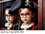 Close-up portrait of child girl in pirate image with reflection red eyeglasses posing in hold of ship at textured wall. Kid in pirates corsair costume. Theatre performance concept. Copy ad text space. Стоковое AI-изображение, AI-художник Aleksandr Golubev / Фотобанк Лори