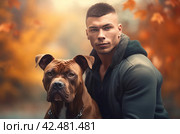 Brunette young guy with Pitbull. Generate ai. Стоковое AI-изображение, AI-художник Иван Рябоконь / Фотобанк Лори