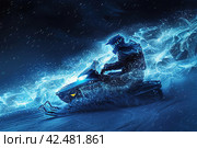 An illustration of an athlete on a snowmobile. Extreme sports. Design of clothes, albums, notebooks. Sports banners. Стоковое AI-изображение, AI-художник Ирина Ручушкина / Фотобанк Лори
