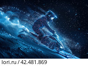 An illustration of an athlete on a snowmobile. Extreme sports. Design of clothes, albums, notebooks. Sports banners. Стоковое AI-изображение, AI-художник Ирина Ручушкина / Фотобанк Лори