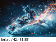 An illustration of an athlete on a snowmobile. Extreme sports. Design of clothes, albums, notebooks. Sports banners. Стоковое AI-изображение, AI-художник Ирина Ручушкина / Фотобанк Лори