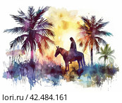 Watercolor drawing on a biblical theme. Jesus Christ on a donkey among palm trees. Стоковое AI-изображение, AI-художник Ярославский Максим / Фотобанк Лори