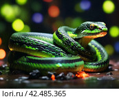 Cute green snake, symbol of 2025 according to the eastern calendar. The snake symbolizes wisdom, vitality, immortality, and healing powers. New Year card. Стоковое AI-изображение, AI-художник Сергей Елизарьев / Фотобанк Лори