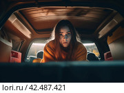 Worried desperate girl in car. Generate ai. Стоковое AI-изображение, AI-художник Иван Рябоконь / Фотобанк Лори