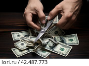 Hands with scissors cutting dollars banknotes. Generate Ai. Стоковое AI-изображение, AI-художник Иван Рябоконь / Фотобанк Лори