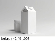Blank milk package box with plastic glass. Generate Ai. Стоковое AI-изображение, AI-художник Иван Рябоконь / Фотобанк Лори