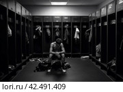 Sport boxer man alone in locker room. Generate ai. Стоковое AI-изображение, AI-художник Иван Рябоконь / Фотобанк Лори