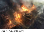 Burning city after airstrike attack. Generate ai. Стоковое AI-изображение, AI-художник Иван Рябоконь / Фотобанк Лори