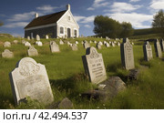 Cemetery tombstones in field with church in Norway. Generate ai. Стоковое AI-изображение, AI-художник Иван Рябоконь / Фотобанк Лори