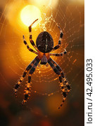 A close-up of a large brown and white spider with a yellow background. Стоковое AI-изображение, AI-художник Юрий Поздников / Фотобанк Лори