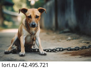 Abused dog locked in chains. Generate ai. Стоковое AI-изображение, AI-художник Иван Рябоконь / Фотобанк Лори