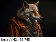 Anthropomorphic fox dressed in aristocratic orange robe. Generate ai. Стоковое AI-изображение, AI-художник Иван Рябоконь / Фотобанк Лори