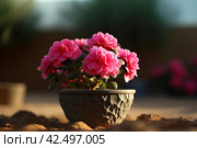 Desert rose potted plant bloom. Generate Ai. Стоковое AI-изображение, AI-художник Иван Рябоконь / Фотобанк Лори