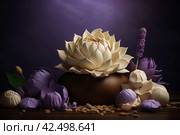 Lotus flower with lavender on purple background. Generate ai. Стоковое AI-изображение, AI-художник Иван Рябоконь / Фотобанк Лори