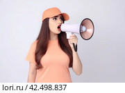 Girl megaphone speak. Generate Ai. Стоковое AI-изображение, AI-художник Иван Рябоконь / Фотобанк Лори