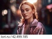 Blonde woman wearing soft pink glittered jacket. Generate ai. Стоковое AI-изображение, AI-художник Иван Рябоконь / Фотобанк Лори