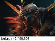 Tribal hunter man with feather clothes. Generate ai. Стоковое AI-изображение, AI-художник Иван Рябоконь / Фотобанк Лори