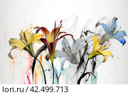 Abstract colorful lily flowers with paint splashes. Generate ai. Стоковое AI-изображение, AI-художник Иван Рябоконь / Фотобанк Лори