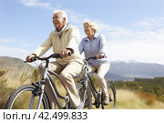 Senior couple riding bicycles together on a hill. Generate ai. Стоковое AI-изображение, AI-художник Иван Рябоконь / Фотобанк Лори