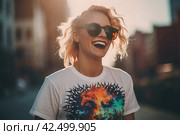 Laughing woman wearing fashionable t-shirt. Generate ai. Стоковое AI-изображение, AI-художник Иван Рябоконь / Фотобанк Лори