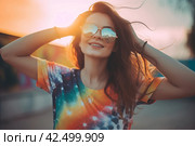 Cheerful woman wearing fashionable rainbow colored t-shirt. Generate ai. Стоковое AI-изображение, AI-художник Иван Рябоконь / Фотобанк Лори