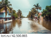 Flooded tropical rainfall island streets. Generate ai. Стоковое AI-изображение, AI-художник Иван Рябоконь / Фотобанк Лори