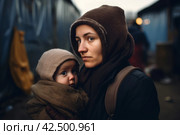 Scared homeless woman with baby. Generate ai. Стоковое AI-изображение, AI-художник Иван Рябоконь / Фотобанк Лори