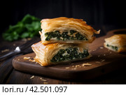 Spanakopita greek pastry on wooden table. Generate Ai. Стоковое AI-изображение, AI-художник Иван Рябоконь / Фотобанк Лори