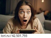 Phone message surprised woman person. Generate Ai. Стоковое AI-изображение, AI-художник Иван Рябоконь / Фотобанк Лори