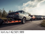 Car tow truck after accident. Generate Ai. Стоковое AI-изображение, AI-художник Иван Рябоконь / Фотобанк Лори