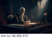 Brooding judge looming desk. Generate AI. Стоковое AI-изображение, AI-художник Иван Рябоконь / Фотобанк Лори