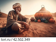 Arabic senior man sitting in dessert next to the artisanal vases. Generate ai. Стоковое AI-изображение, AI-художник Иван Рябоконь / Фотобанк Лори