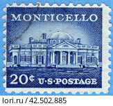 Монтичелло, усадьба 3-го президента США Томаса Джефферсона (Monticello, Thomas Jefferson's home, Charlottesville, Virginia). Почтовая марка США 1956 г. Стоковое фото, фотограф Щеголева Ольга / Фотобанк Лори