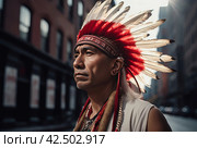 Indian chief portrait on city street. Generate ai. Стоковое AI-изображение, AI-художник Иван Рябоконь / Фотобанк Лори