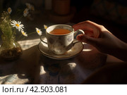 Hand cup tea chamomile. Generate AI. Стоковое AI-изображение, AI-художник Иван Рябоконь / Фотобанк Лори