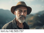 Old bearded man wearing hat on hills peak. Generate ai. Стоковое AI-изображение, AI-художник Иван Рябоконь / Фотобанк Лори