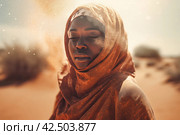 Veiled African woman with closed eyes in arid desert. Generate ai. Стоковое AI-изображение, AI-художник Иван Рябоконь / Фотобанк Лори