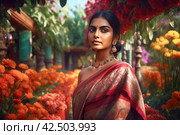 Indian super model in floral garden. Generate ai. Стоковое AI-изображение, AI-художник Иван Рябоконь / Фотобанк Лори