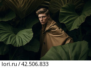 Person hiding by giant leaves at photo studio. Generate Ai. Стоковое AI-изображение, AI-художник Иван Рябоконь / Фотобанк Лори