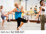 Group of active women practicing energetic dance in a studio. Стоковое фото, фотограф Яков Филимонов / Фотобанк Лори