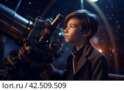 Pleased child boy with telescope. Generate ai. Стоковое AI-изображение, AI-художник Иван Рябоконь / Фотобанк Лори