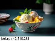 Tropical coconut sorbet with fresh fruits. Generate ai. Стоковое AI-изображение, AI-художник Иван Рябоконь / Фотобанк Лори