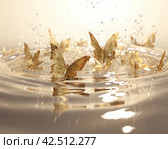 Golden butterflies on lake water. Generate ai. Стоковое AI-изображение, AI-художник Иван Рябоконь / Фотобанк Лори