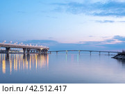 View of the Yacht Bridge and the Western High Speed Diameter overpass at sunset. Saint Petersburg. Стоковое фото, фотограф Ольга Визави / Фотобанк Лори