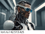 3d rendering of a male cyborg with wires in his hands. Стоковое AI-изображение, AI-художник Васильева Юлия / Фотобанк Лори