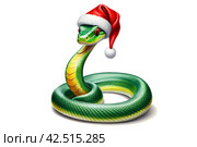 Green snake in santa hat, symbol of 2025, on a white background. Стоковое AI-изображение, AI-художник Наталья Симакова / Фотобанк Лори